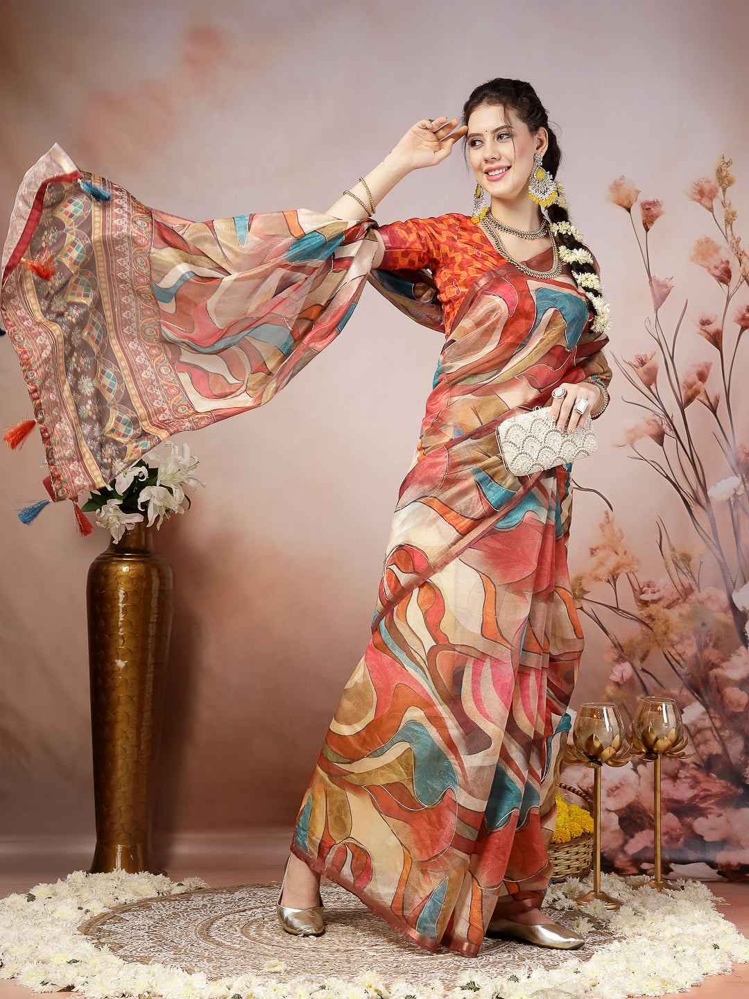 Multi Abstract Foil Printed Cotton Blend Saree