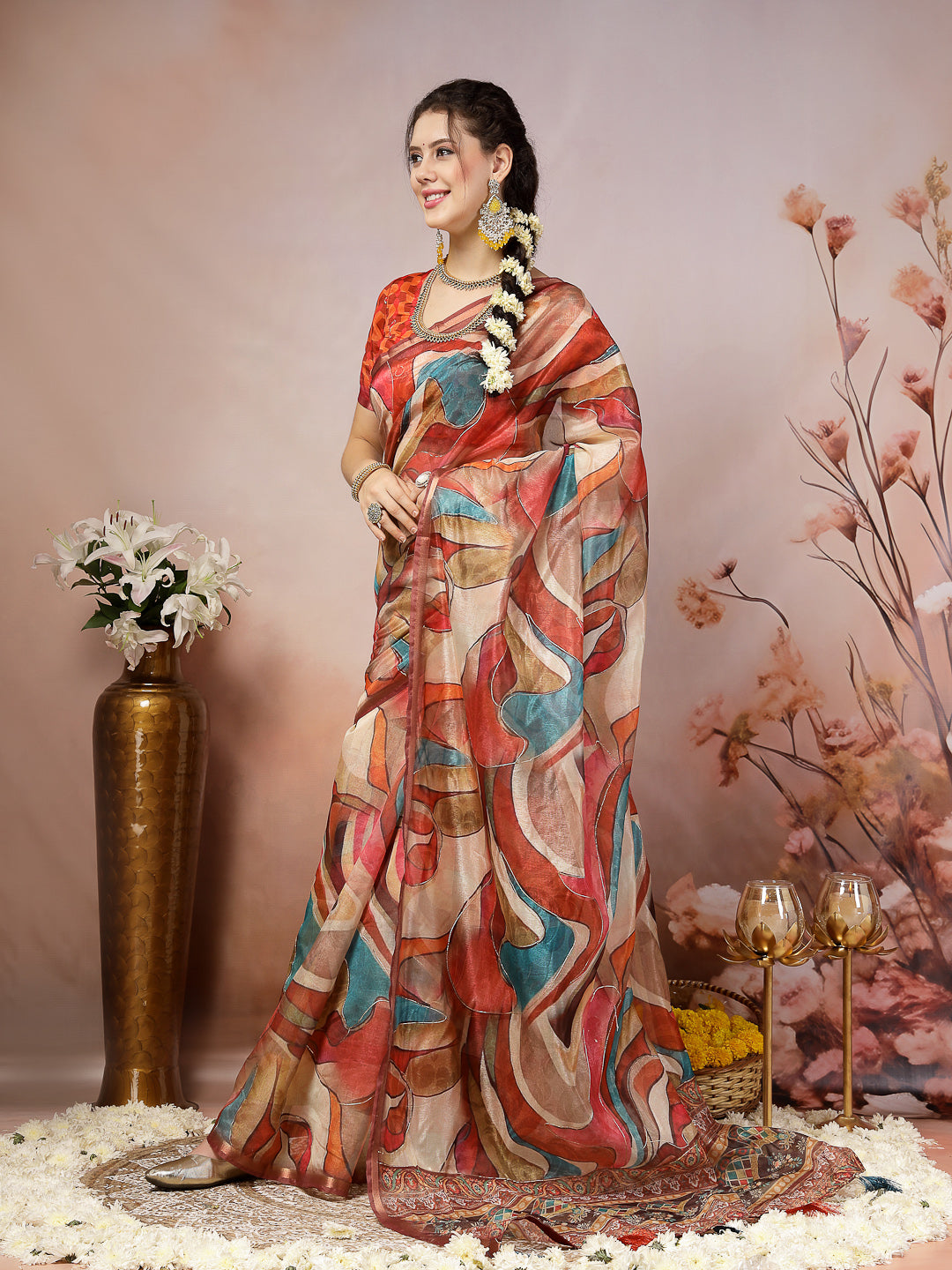 Multi Abstract Foil Printed Cotton Blend Saree