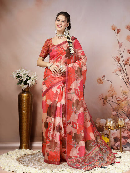 Magenta Floral Foil Printed Cotton Blend Saree (Pre-Order)