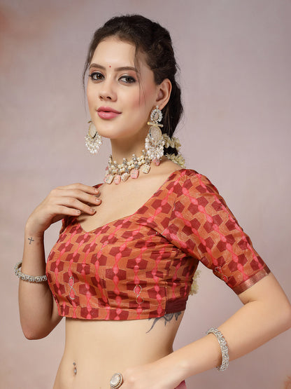 Magenta Floral Foil Printed Cotton Blend Saree (Pre-Order)