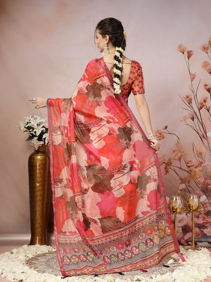Magenta Floral Foil Printed Cotton Blend Saree (Pre-Order)