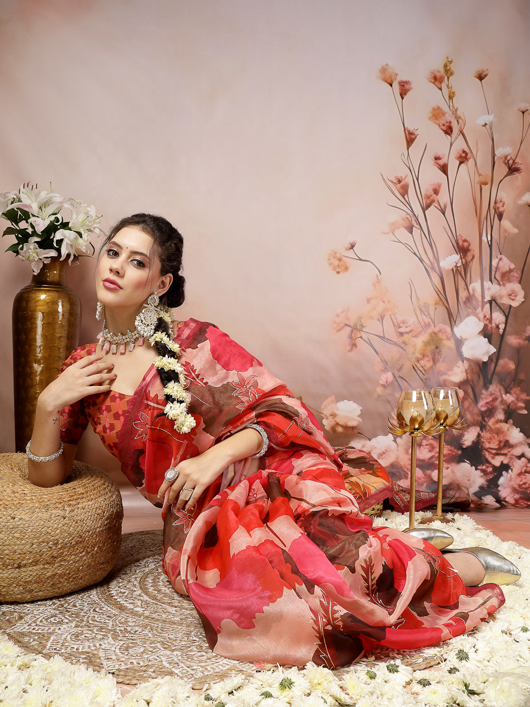 Magenta Floral Foil Printed Cotton Blend Saree (Pre-Order)