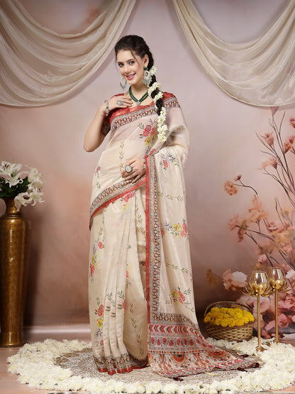 Off White Floral Foil Printed Cotton Blend Saree