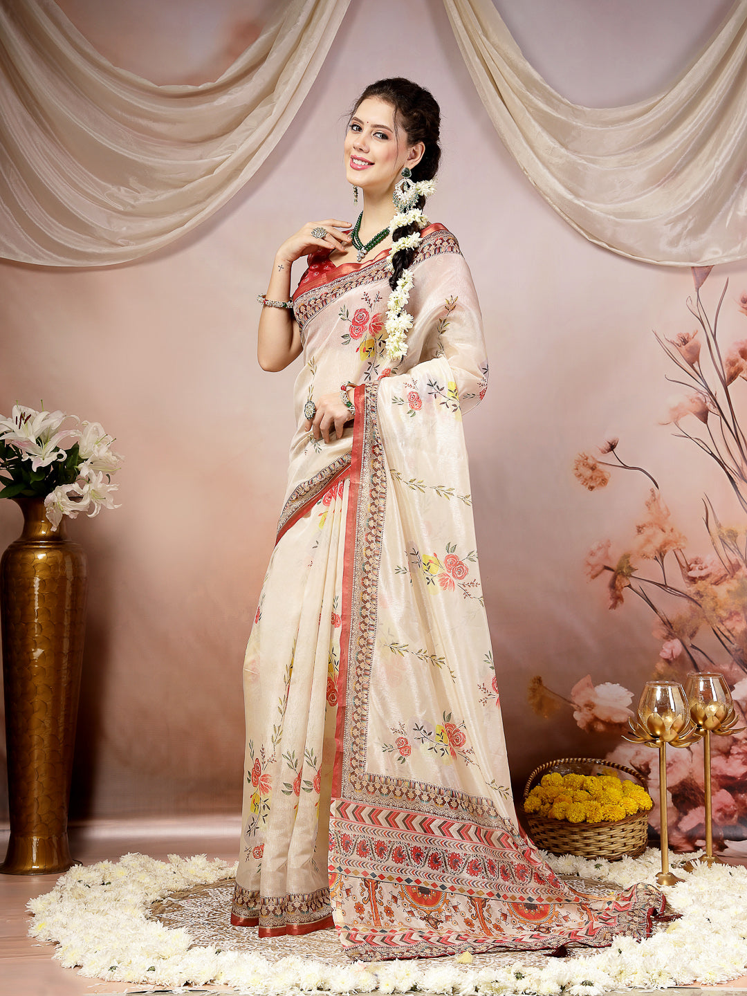 Off White Floral Foil Printed Cotton Blend Saree