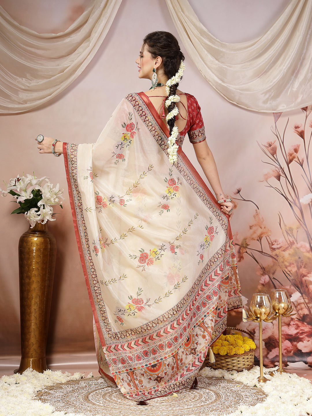 Off White Floral Foil Printed Cotton Blend Saree