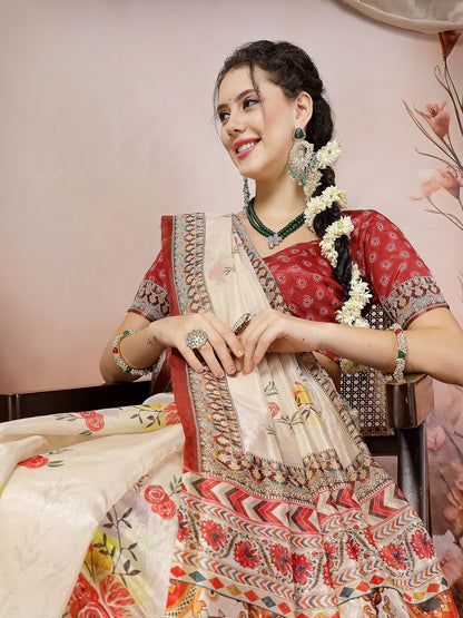 Off White Floral Foil Printed Cotton Blend Saree