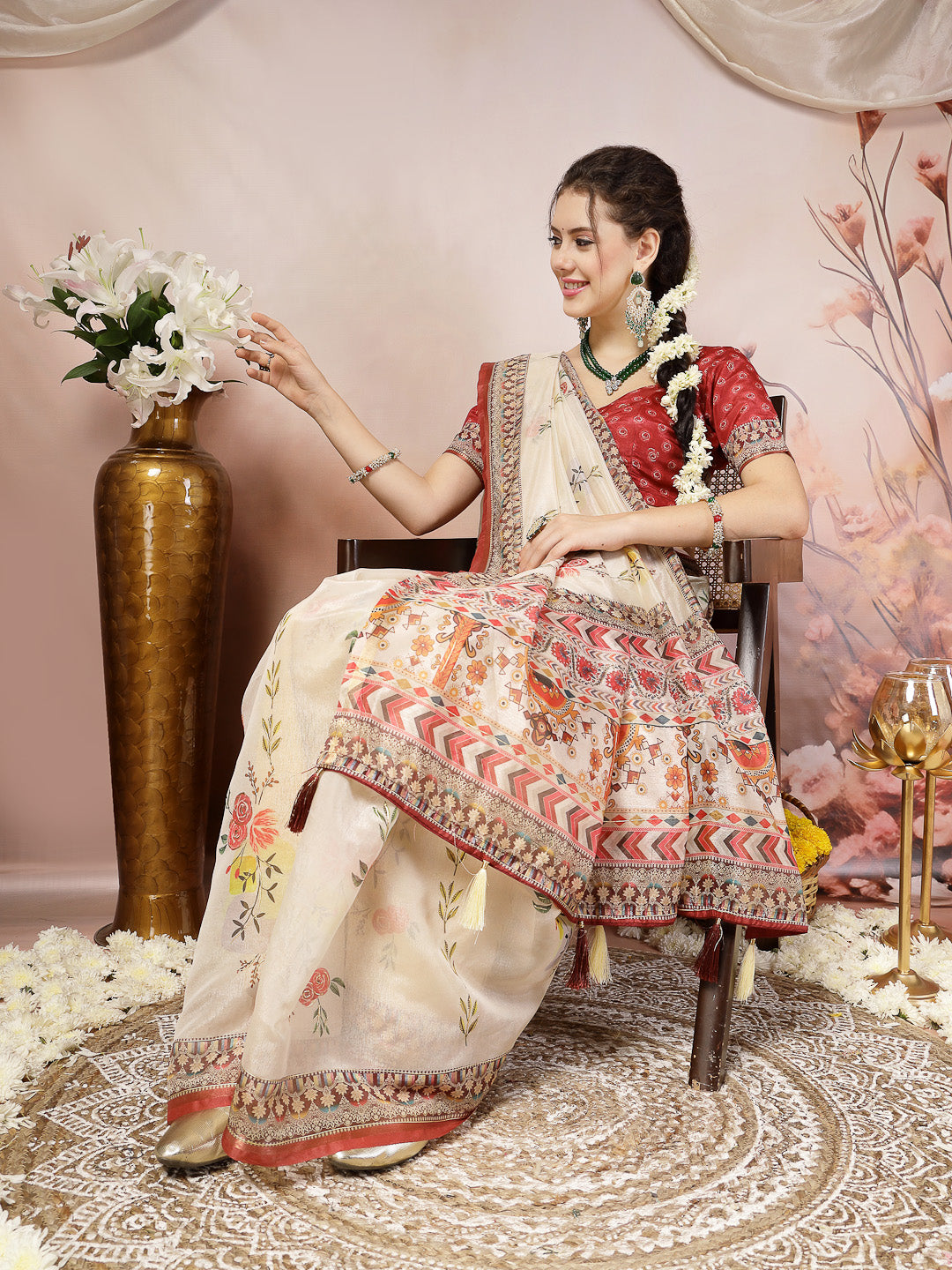 Off White Floral Foil Printed Cotton Blend Saree