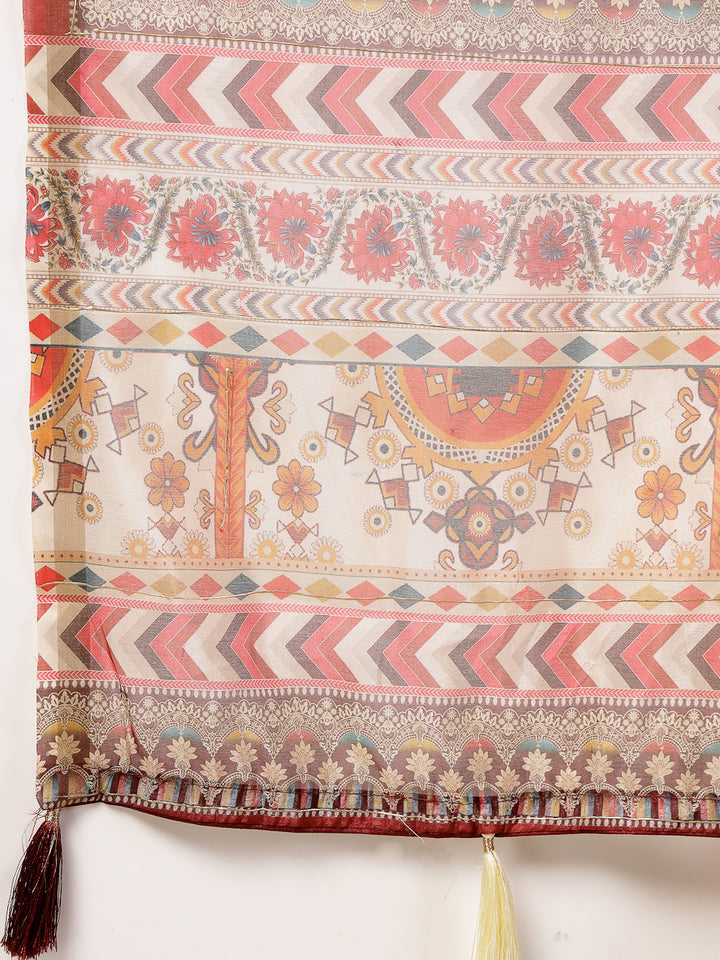 Off White Floral Foil Printed Cotton Blend Saree