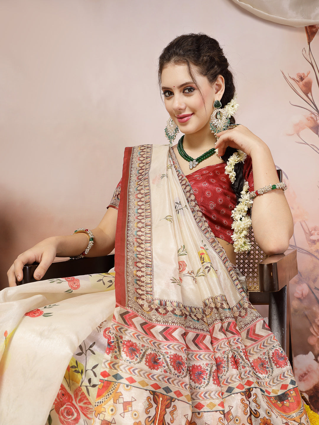 Off White Floral Foil Printed Cotton Blend Saree