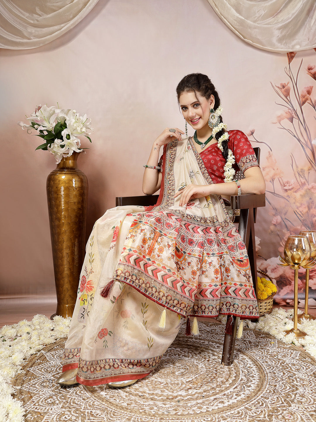 Off White Floral Foil Printed Cotton Blend Saree