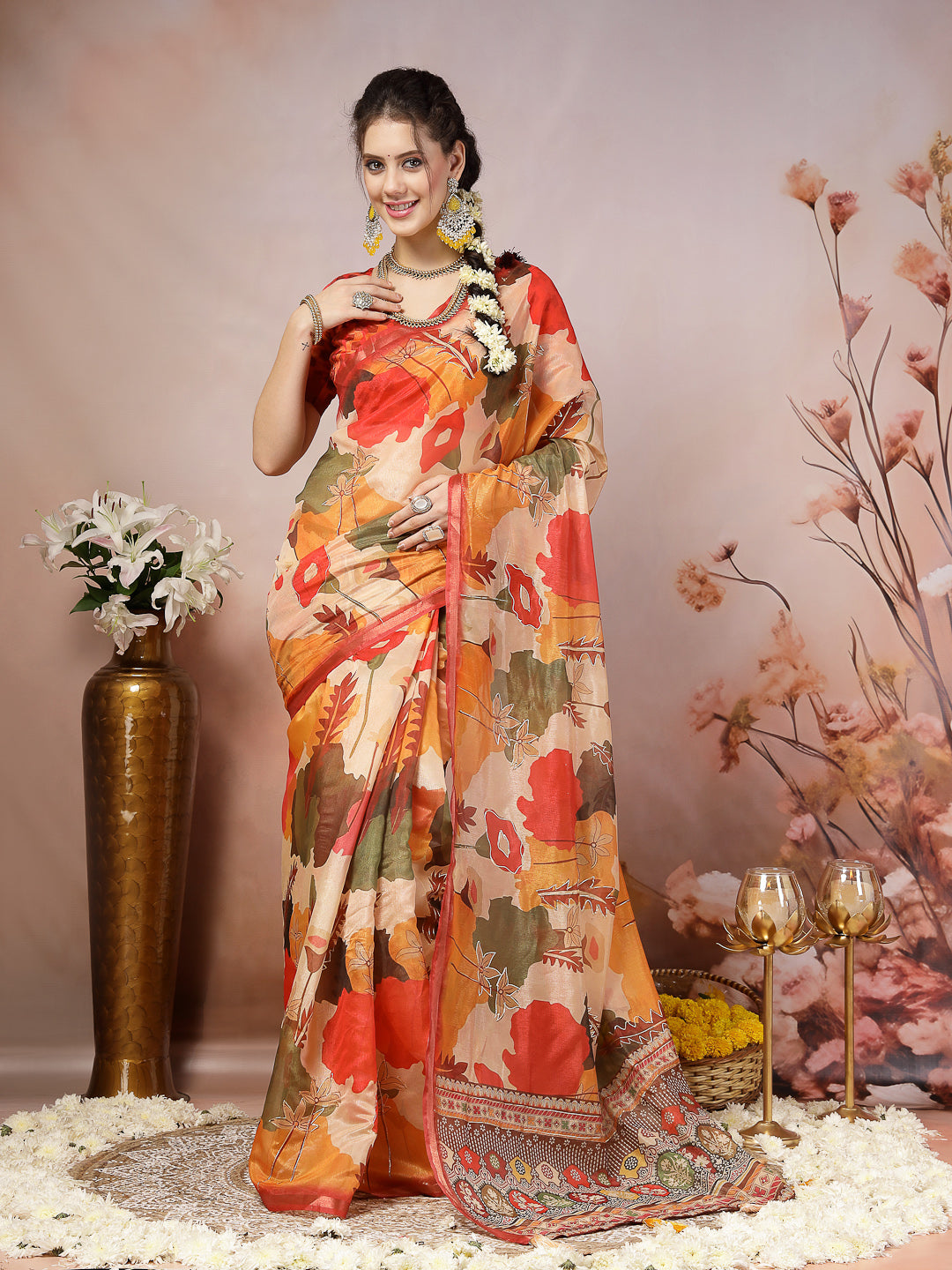 Orange Floral Foil Printed Cotton Blend Saree (Pre-Order)
