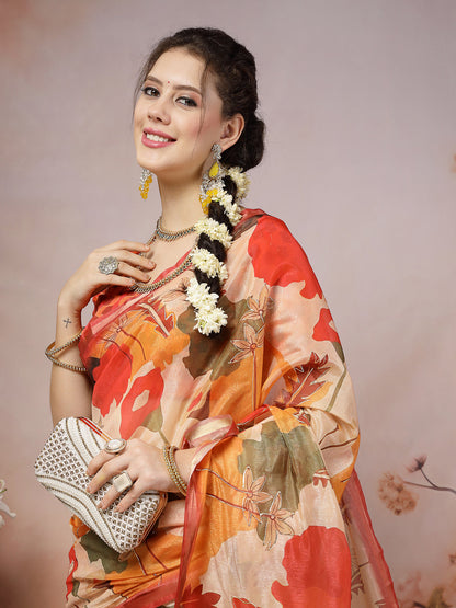 Orange Floral Foil Printed Cotton Blend Saree (Pre-Order)
