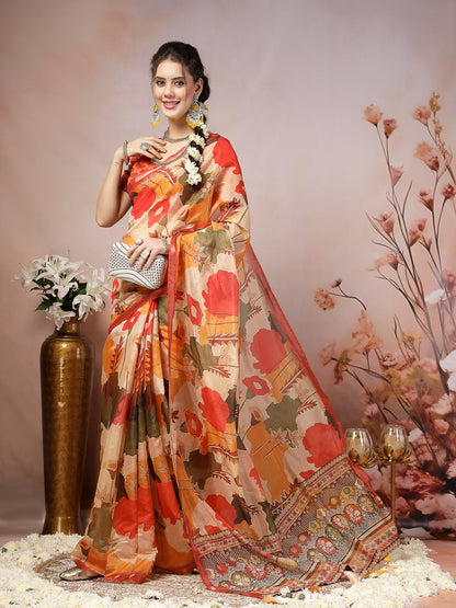 Orange Floral Foil Printed Cotton Blend Saree (Pre-Order)