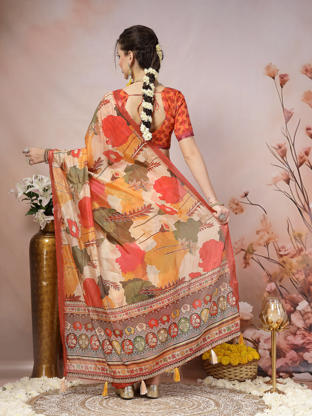 Orange Floral Foil Printed Cotton Blend Saree (Pre-Order)