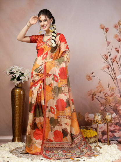 Orange Floral Foil Printed Cotton Blend Saree (Pre-Order)