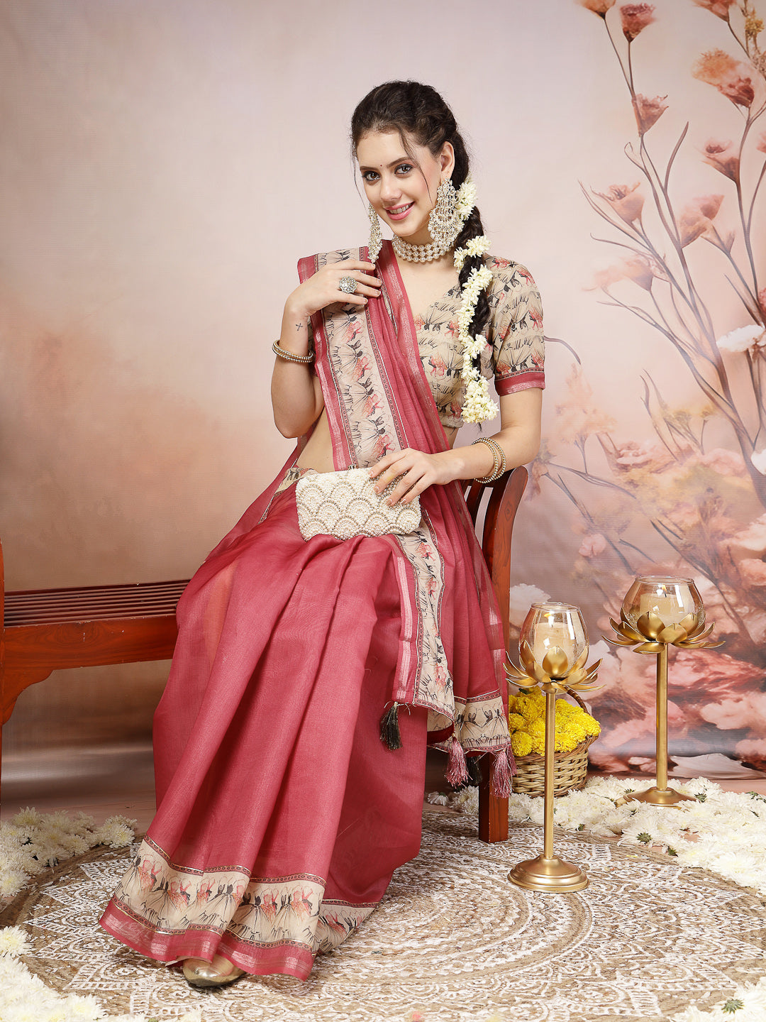 Purple Rajasthani Figure Foil Printed Cotton Blend Saree (Pre-Order)