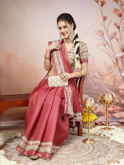 Purple Rajasthani Figure Foil Printed Cotton Blend Saree (Pre-Order)