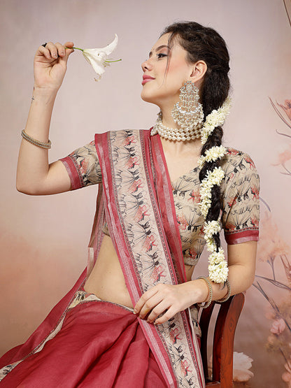 Purple Rajasthani Figure Foil Printed Cotton Blend Saree (Pre-Order)