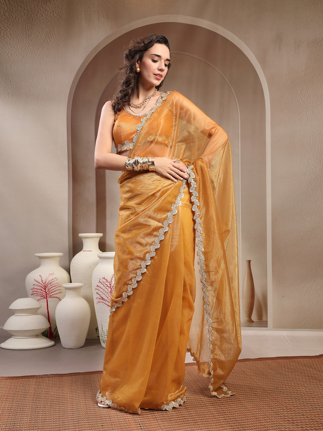 Gold Solid Shimmer Net Saree With Unstitched Blouse Piece