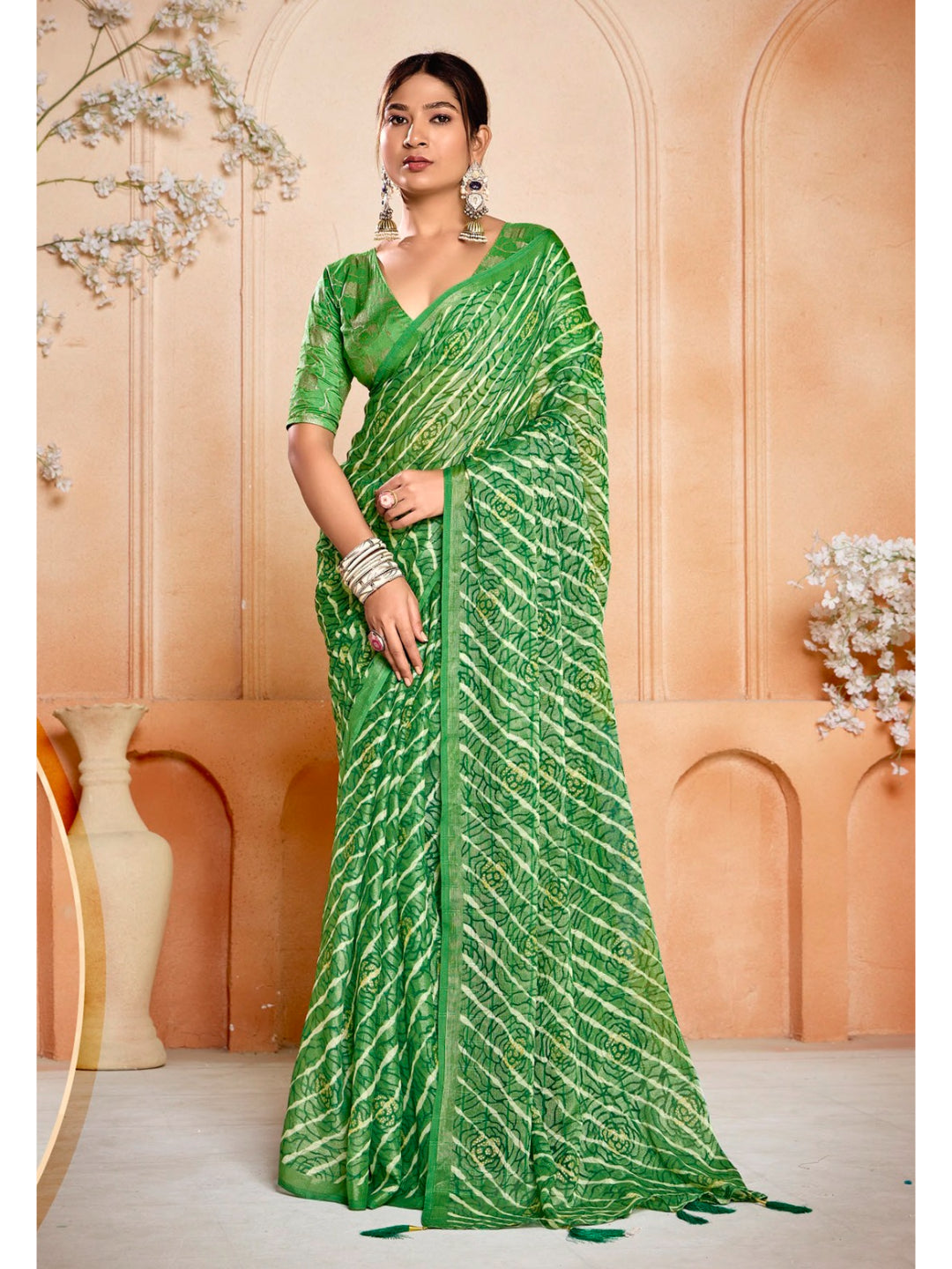 Leheriya Printed Silk Blend Saree With Unstitched Blouse Piece