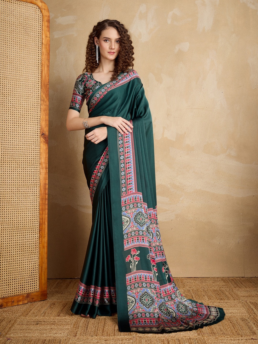 Green Ajrakh Printed Silk Blend Saree With Unstitched Blouse Piece