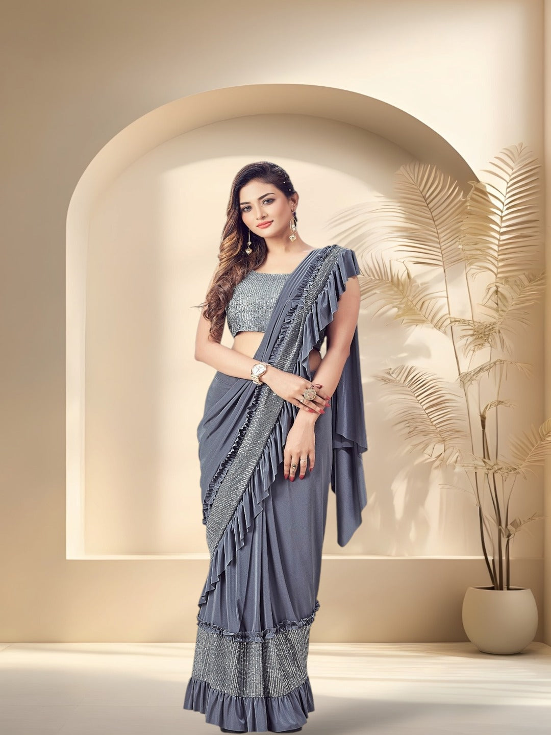 Grey Sequinned & Ruffled Party Wear Ready To Wear Lycra Saree (Pre-Order)