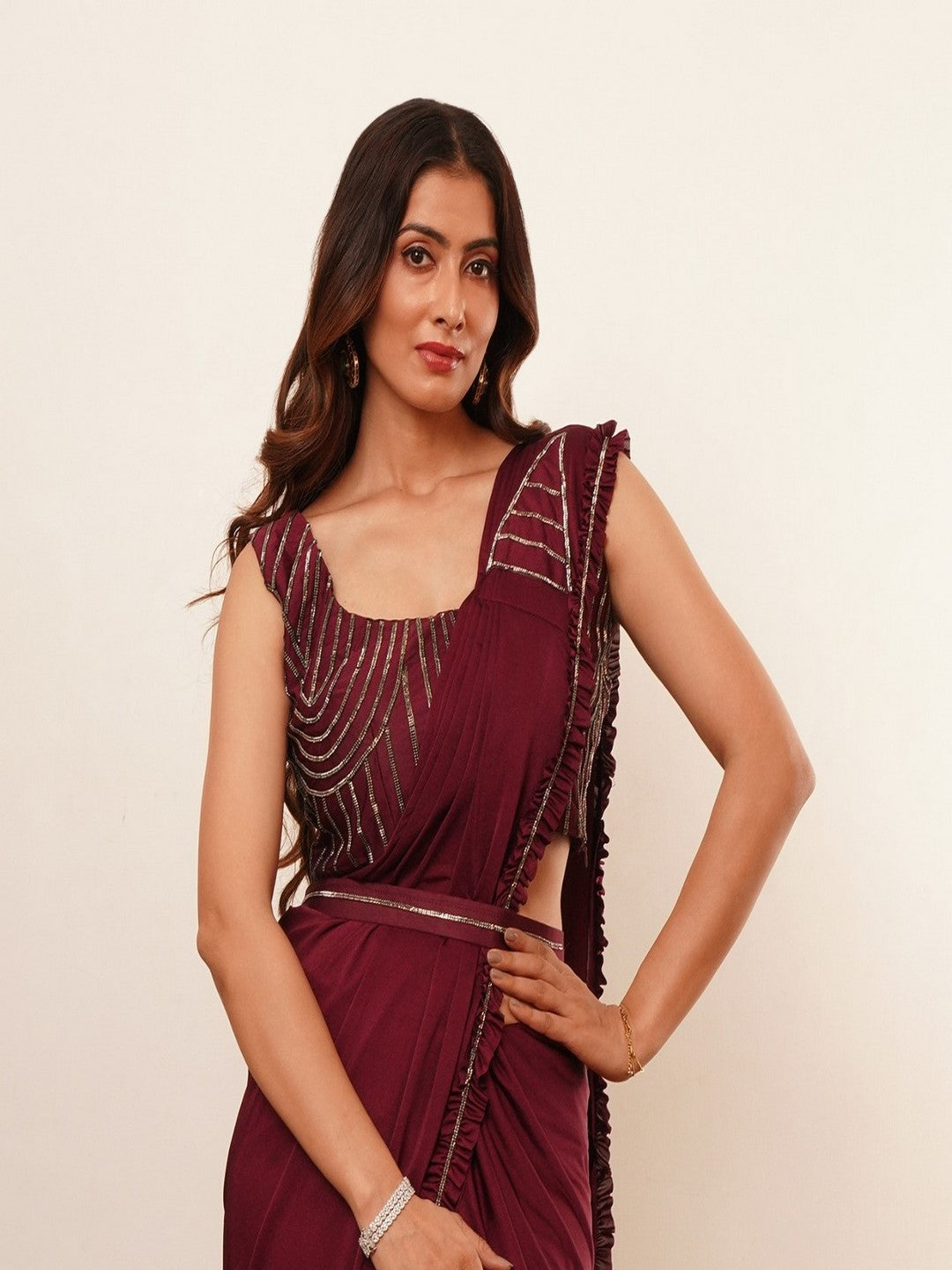 Maroon Solid & Embroidered Ready To Wear Satin Saree (Pre-Order)