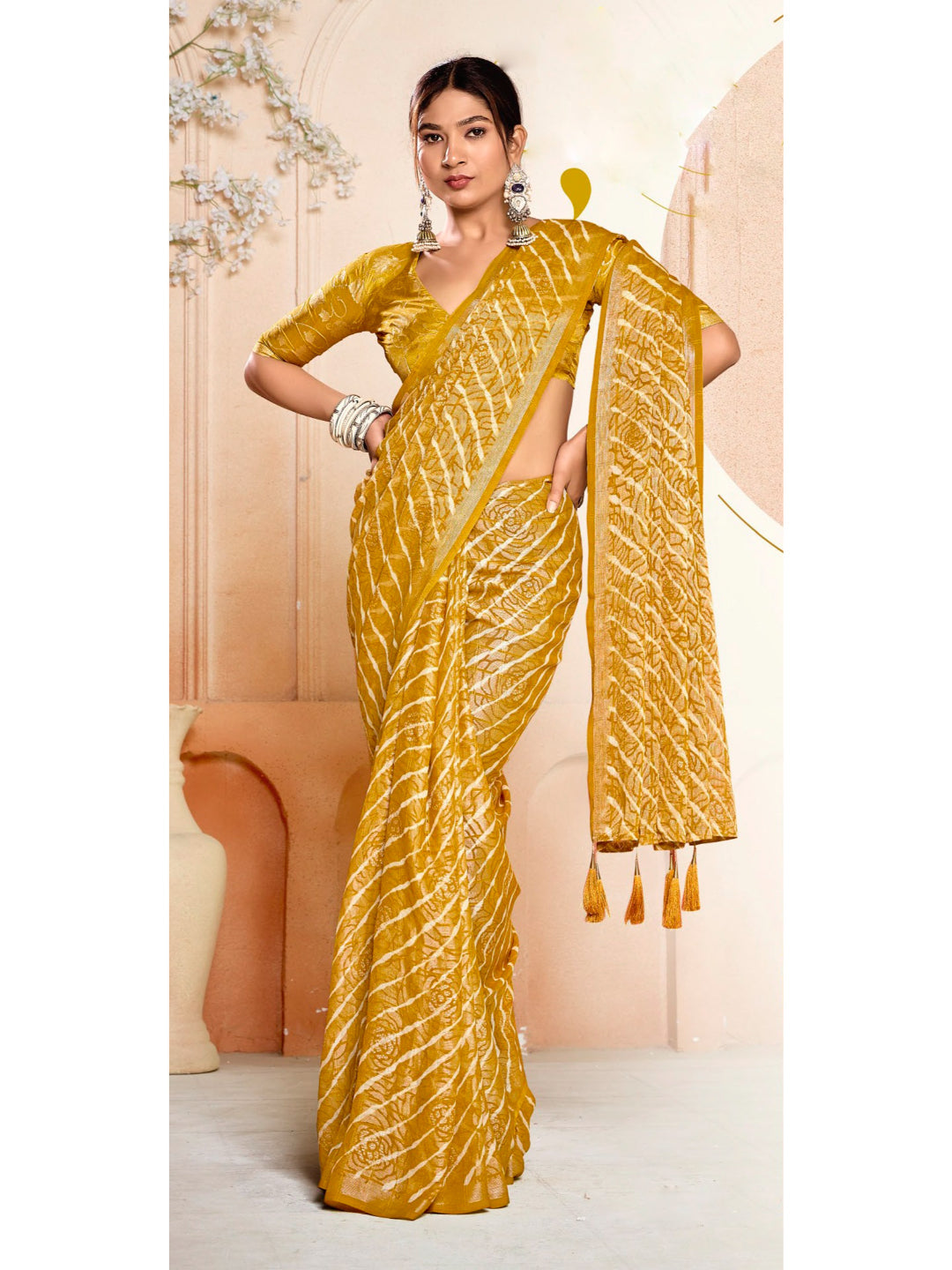 Leheriya Printed Silk Blend Saree With Unstitched Blouse Piece