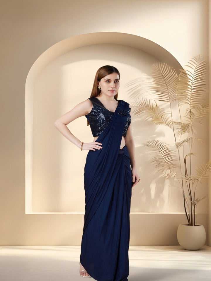 Navy Party Wear Sequin &amp; Patch Boota Ready To Wear Lycra Saree