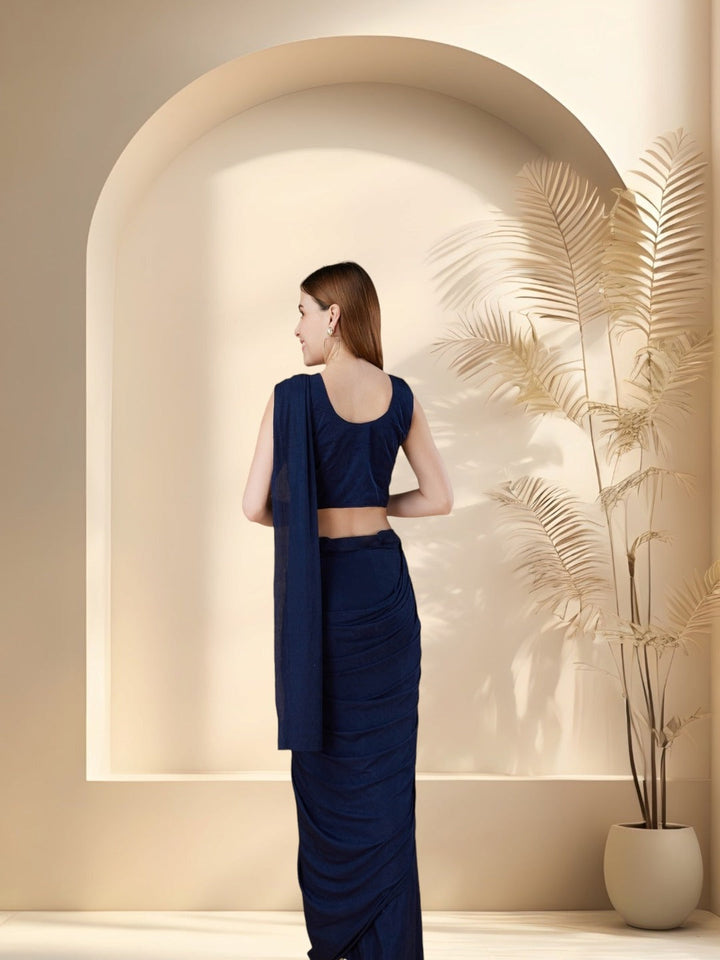Navy Party Wear Sequin &amp; Patch Boota Ready To Wear Lycra Saree