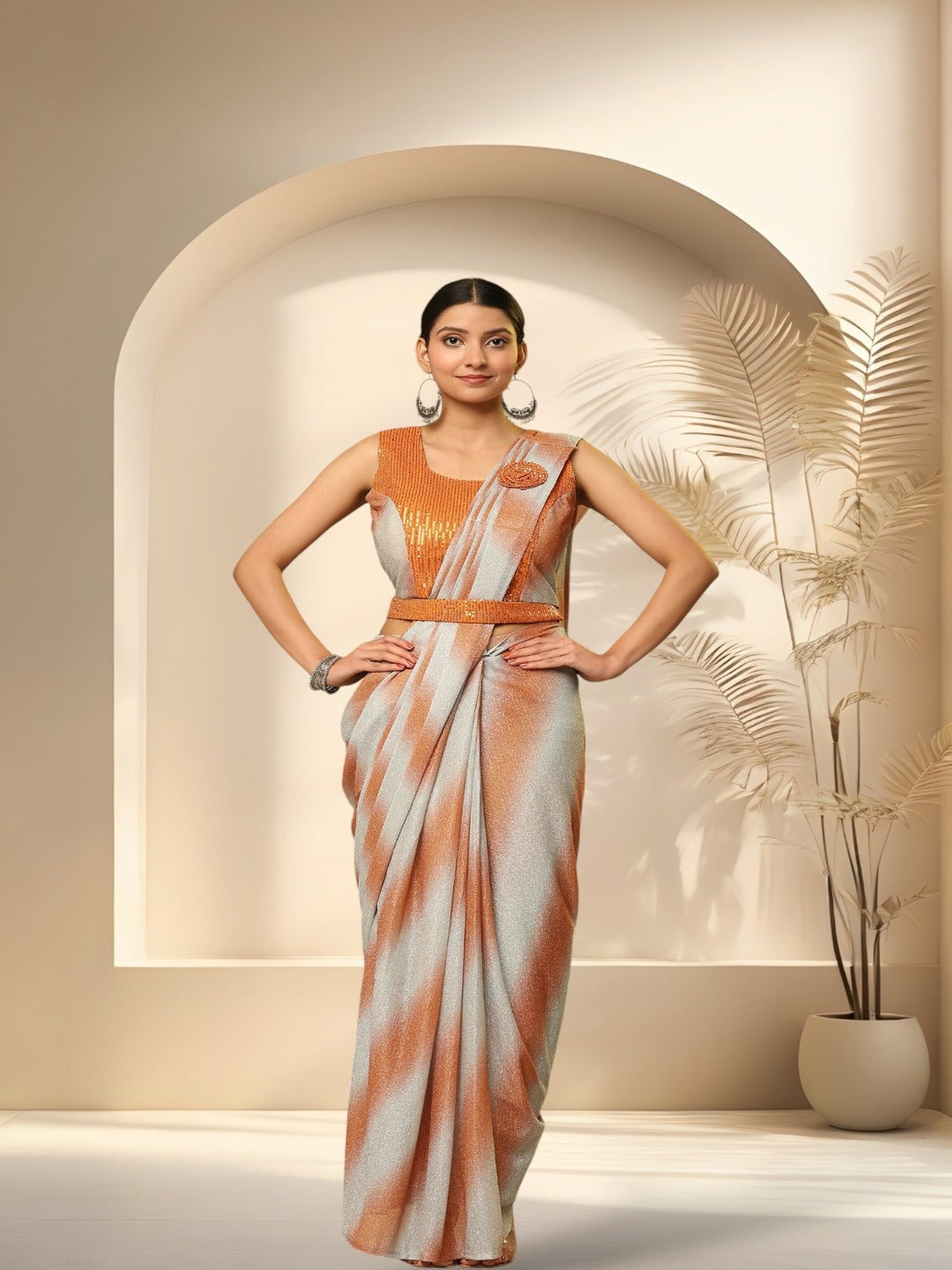 Orange Glitter Lehriya Sequin Belted Ready To Wear Lycra Saree (Pre-Order)