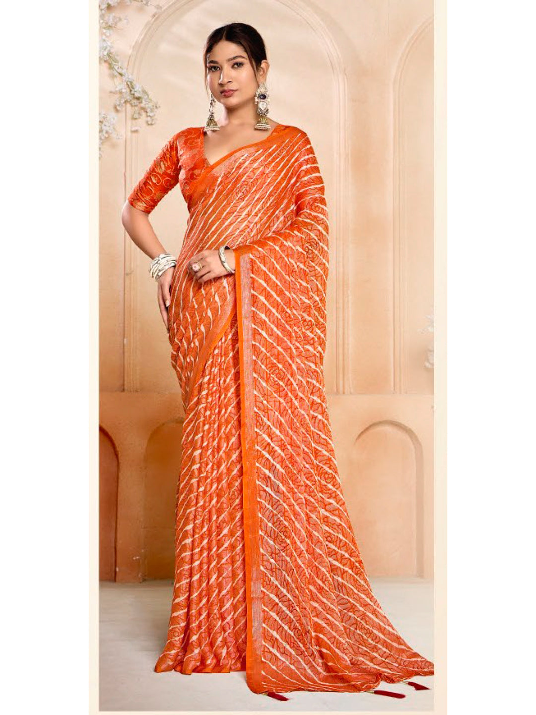 Leheriya Printed Silk Blend Saree With Unstitched Blouse Piece