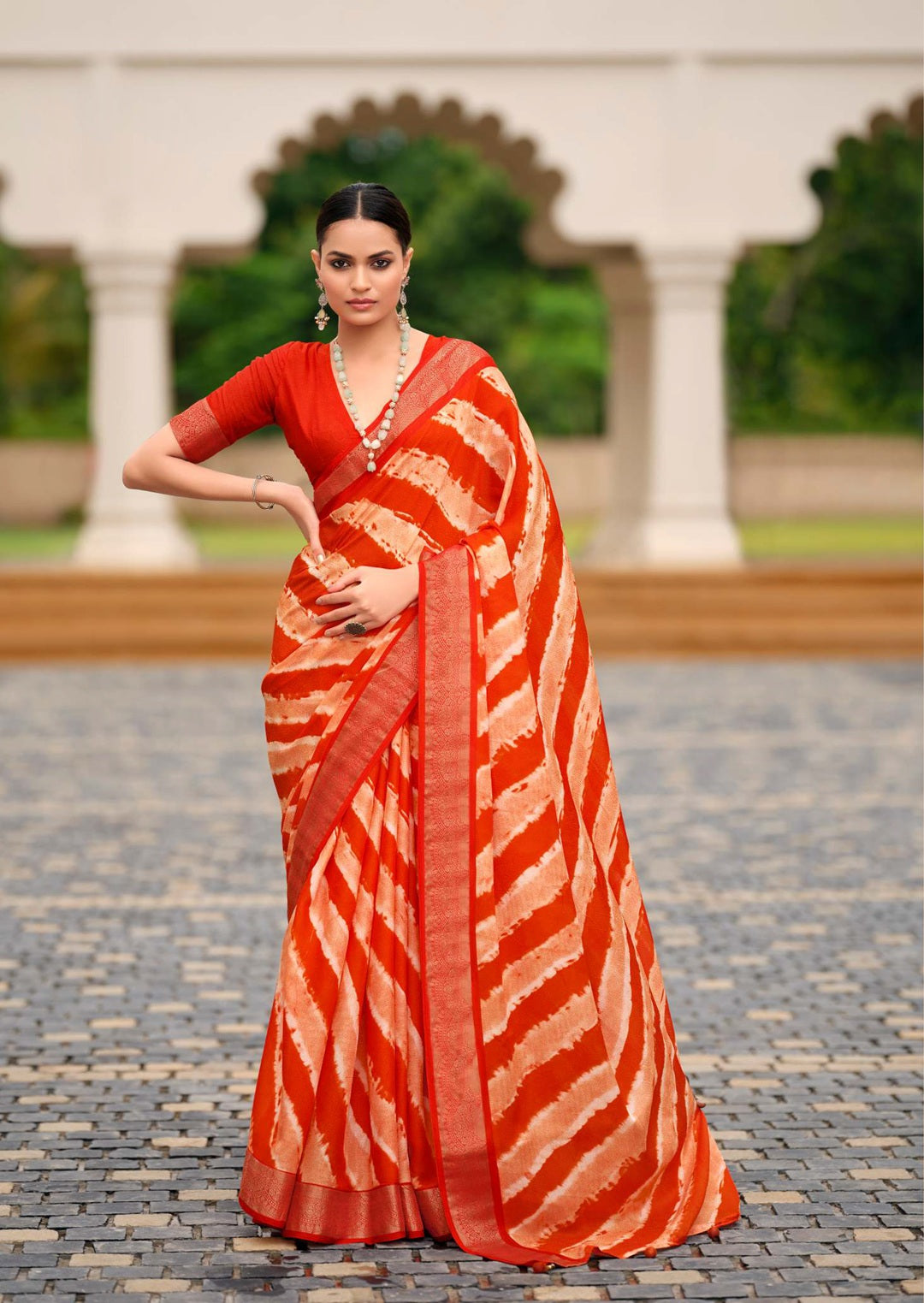 Orange Leheriya Printed Silk Blend Saree With Unstitched Blouse
