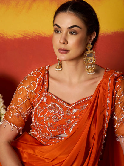 Solid & Embroidered Silk Blend Ready to Wear Draped Saree Saree With Stitched Blouse