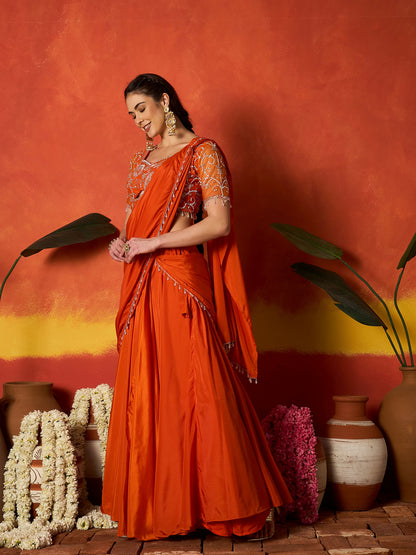 Solid & Embroidered Silk Blend Ready to Wear Draped Saree Saree With Stitched Blouse