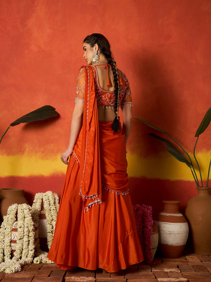 Solid & Embroidered Silk Blend Ready to Wear Draped Saree Saree With Stitched Blouse