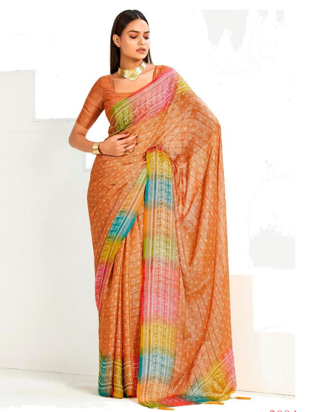 Orange Bandhani Printed Shimmer Net Saree With Unstitched Blouse Piece (Pre-Order)
