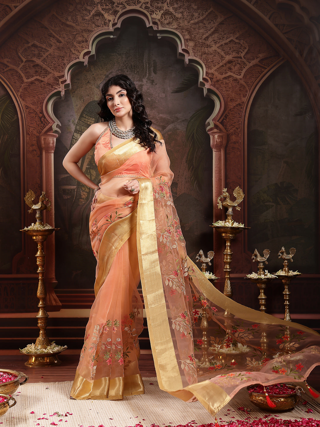 Peach Solid &amp; Embroidered Super Net Saree With Unstitched Blouse