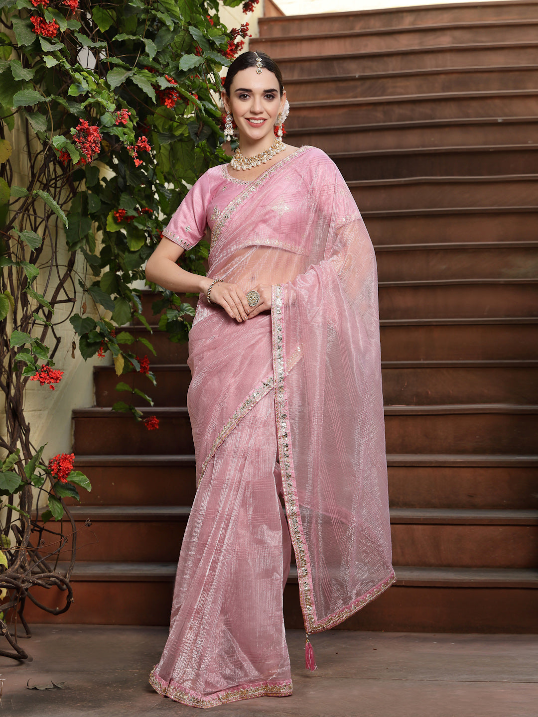 Pink Gota Patti Work Shimmer Net Saree