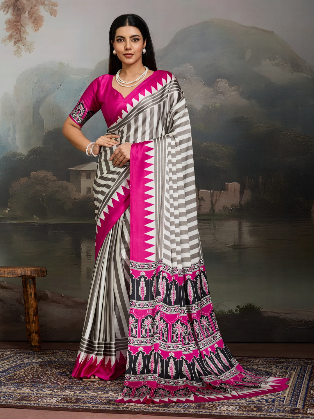 Ajrakh Printed Modal Satin Saree With Unstitched Blouse Piece