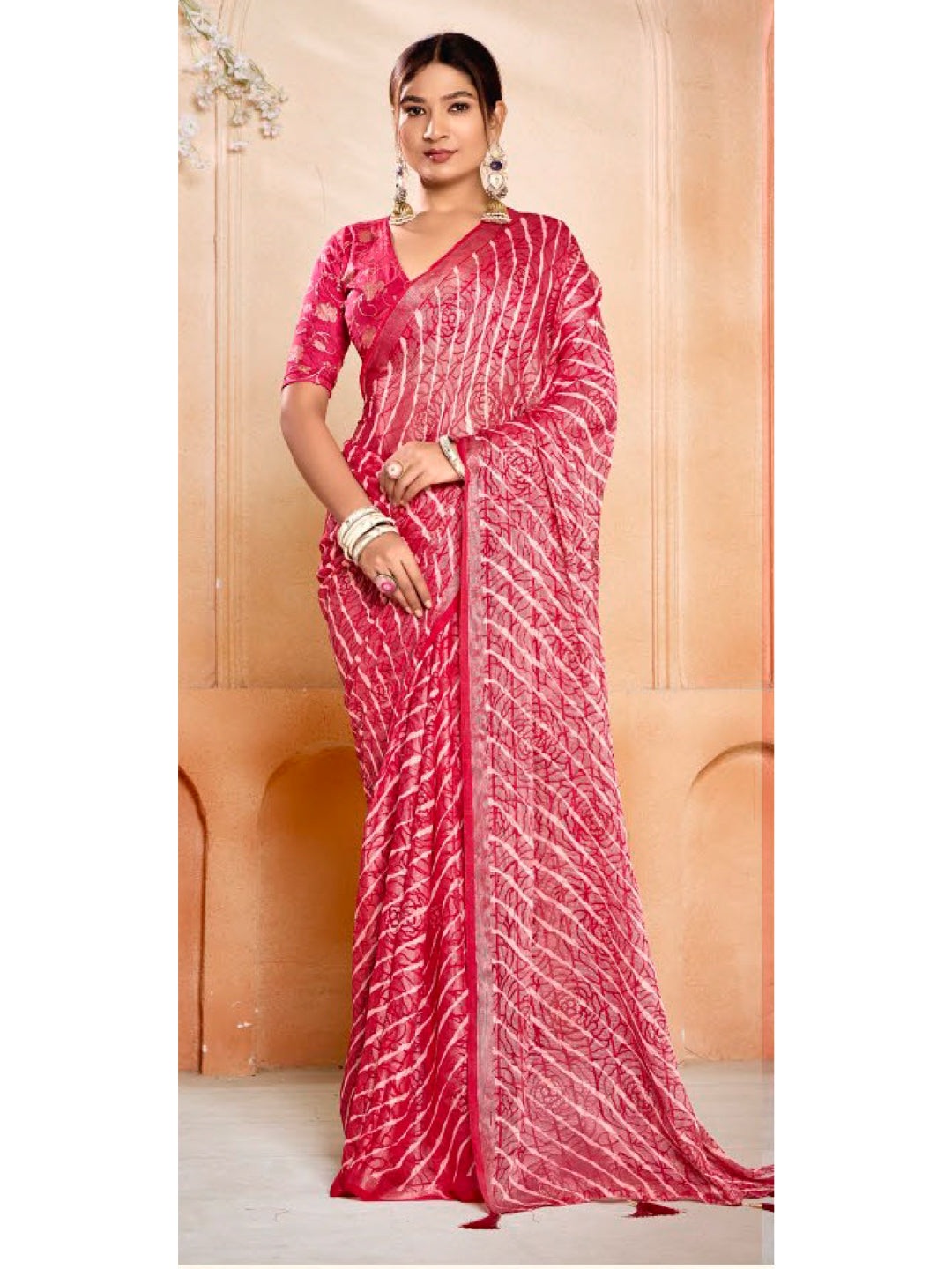 Leheriya Printed Silk Blend Saree With Unstitched Blouse Piece