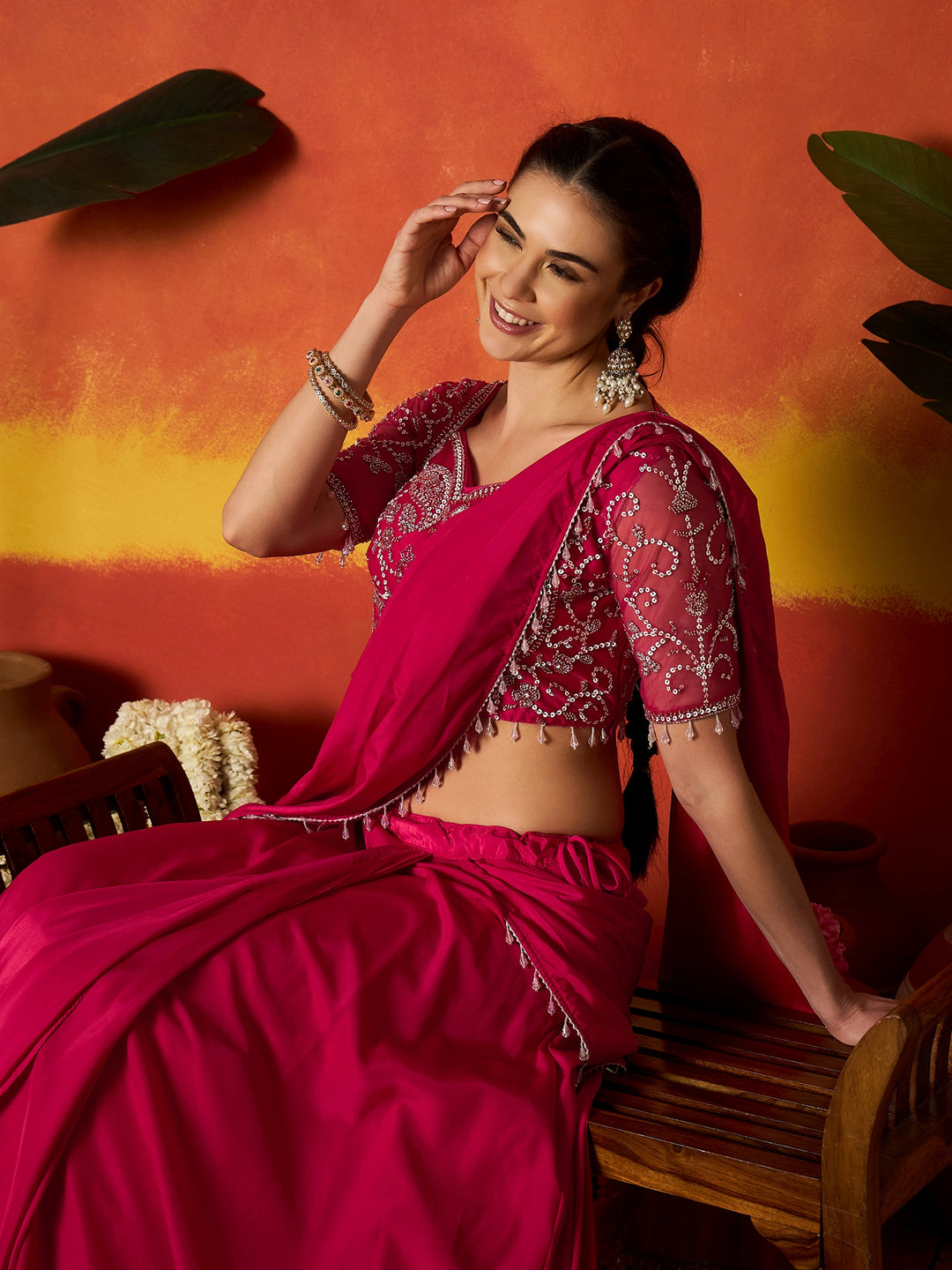 Solid &amp; Embroidered Silk Blend Ready to Wear Draped Saree Saree With Stitched Blouse