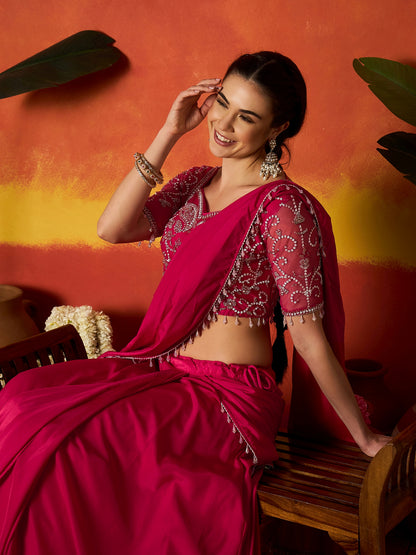 Solid & Embroidered Silk Blend Ready to Wear Draped Saree Saree With Stitched Blouse