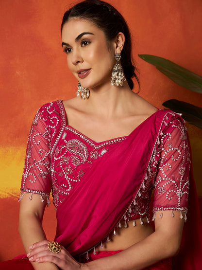 Solid & Embroidered Silk Blend Ready to Wear Draped Saree Saree With Stitched Blouse