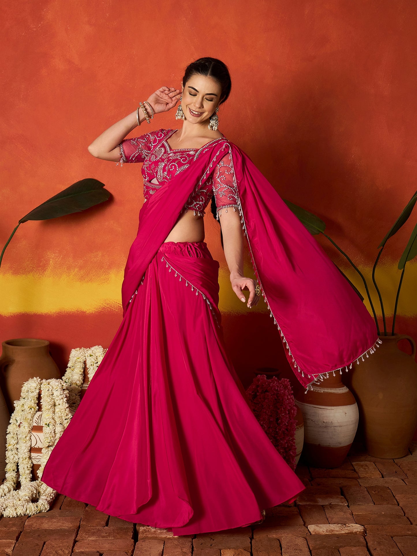 Solid & Embroidered Silk Blend Ready to Wear Draped Saree Saree With Stitched Blouse