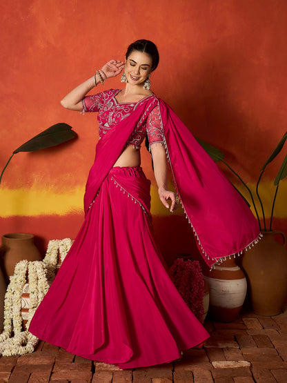 Solid & Embroidered Silk Blend Ready to Wear Draped Saree Saree With Stitched Blouse
