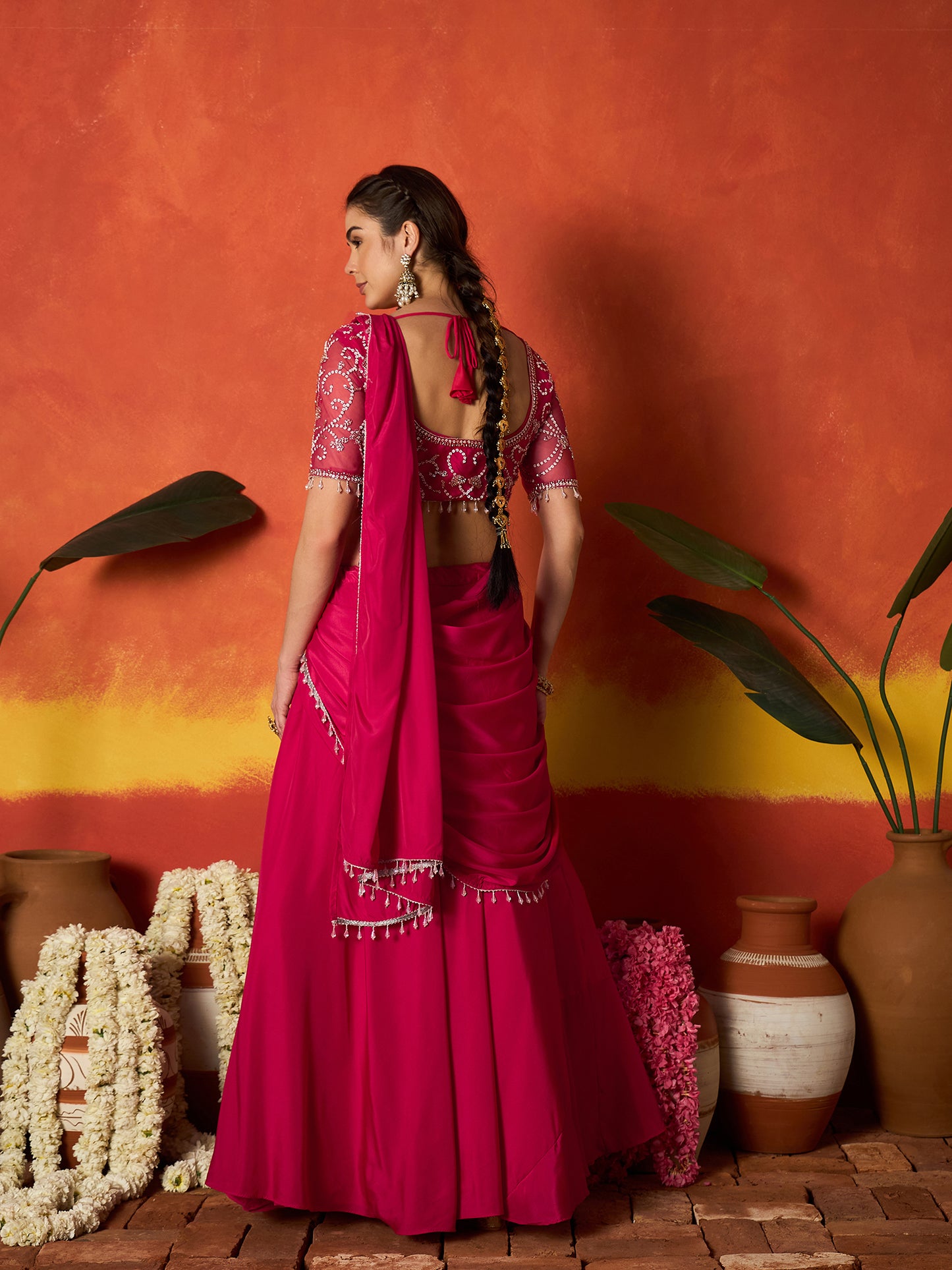 Solid & Embroidered Silk Blend Ready to Wear Draped Saree Saree With Stitched Blouse
