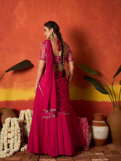 Solid & Embroidered Silk Blend Ready to Wear Draped Saree Saree With Stitched Blouse