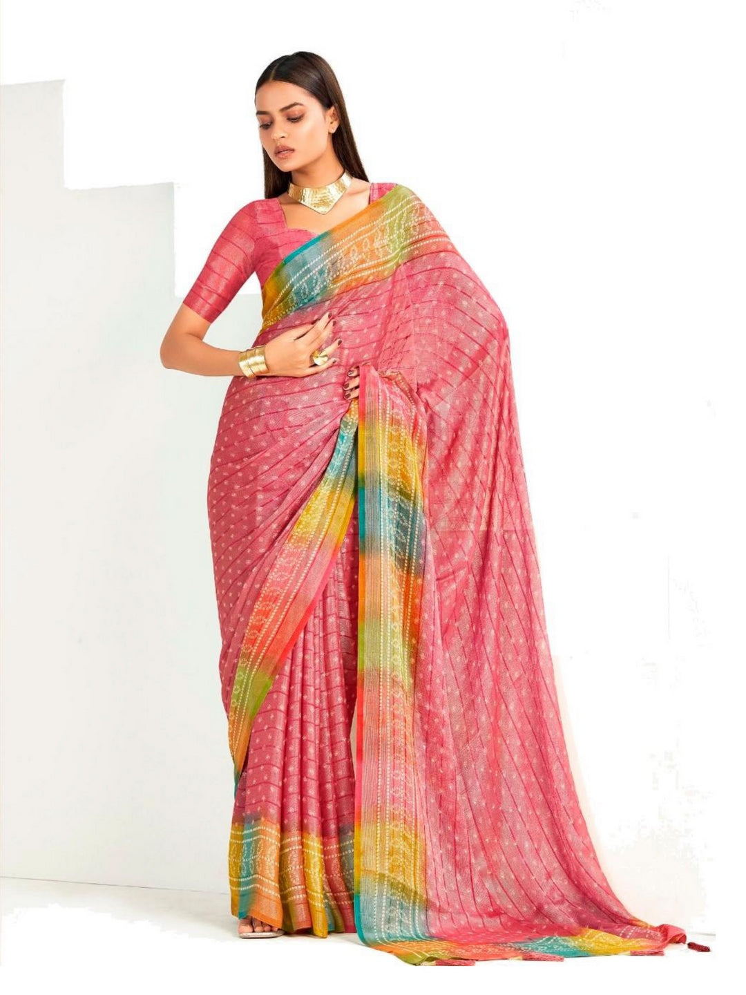 Pink Bandhani Printed Shimmer Net Saree With Unstitched Blouse Piece