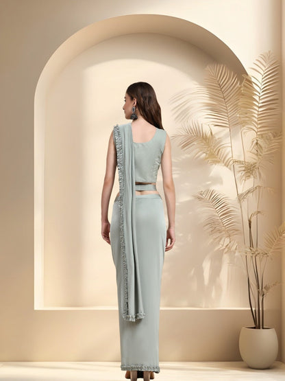 Pista Colour Belted Party Wear Ready To Wear Lycra Saree (Pre-Order)